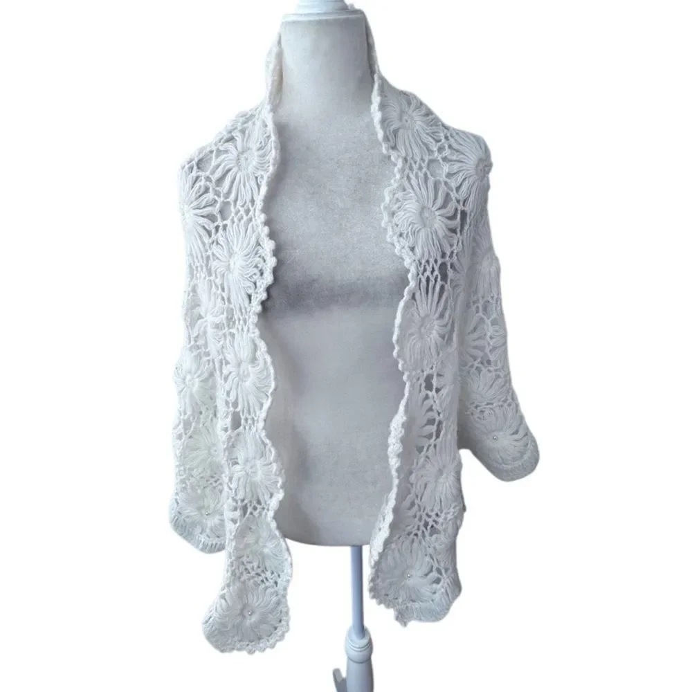 Handmade Crochet Cream Shawl Large Floral Pattern Pearl Detail Handmade